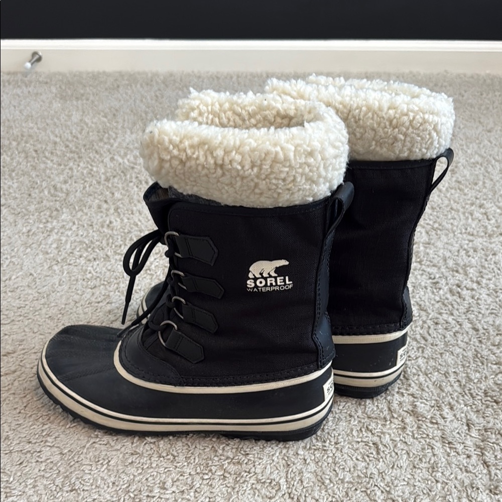 Sorel Black and White Rain & Snow Boots with Plush Lining